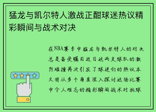 猛龙与凯尔特人激战正酣球迷热议精彩瞬间与战术对决